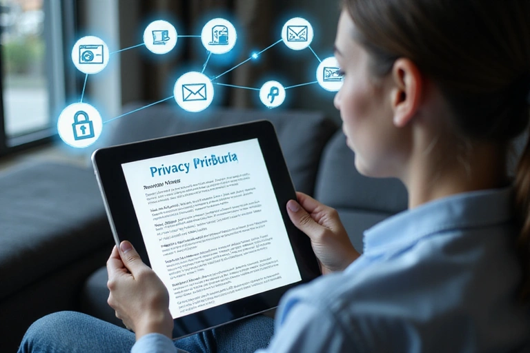 Eine Person, die eine Datenschutzerklärung auf einem Tablet liest, umgeben von Icons, die Datenschutz und Sicherheit symbolisieren.